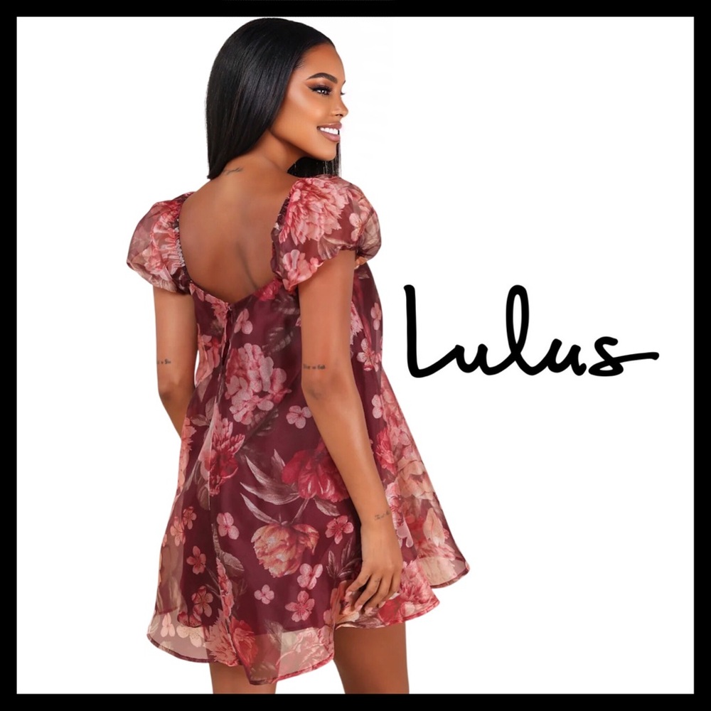 Lulus Cute Flair Wine Red Floral Organza Puff Sleeve Shift Mini Dress Size